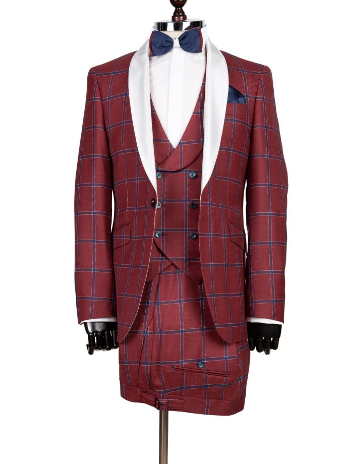 Costum ceremonie clasic vișiniu în carouri FRC31P55-MJ12